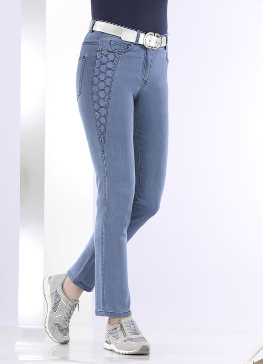 Hosen mit Knopf- und Reißverschluss - Jeans mit schöner Stickerei, in Größe 018 bis 052, in Farbe JEANSBLAU Ansicht 3