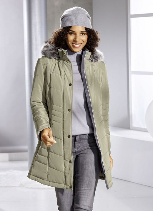 Jacken & Mäntel - Longjacke mit abnehmbarem Kunstpelz-Besatz, in Größe 038 bis 054, in Farbe HELLGRÜN Ansicht 2