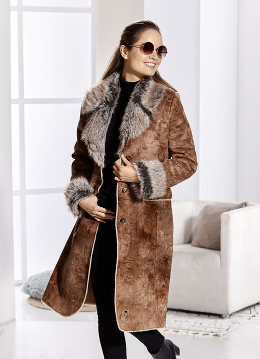 Lederimitatjacken - Mantel aus Velourleder-Imitat in Antik-Optik, in Größe 036 bis 052, in Farbe COGNAC Ansicht 2