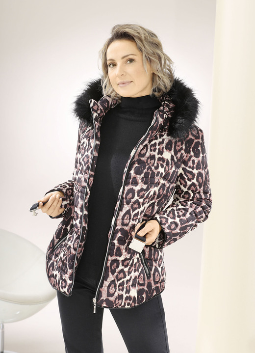 Winterjacken - Jacke mit Stretchgürtel, in Größe 034 bis 050, in Farbe SCHWARZ-COGNAC Ansicht 2