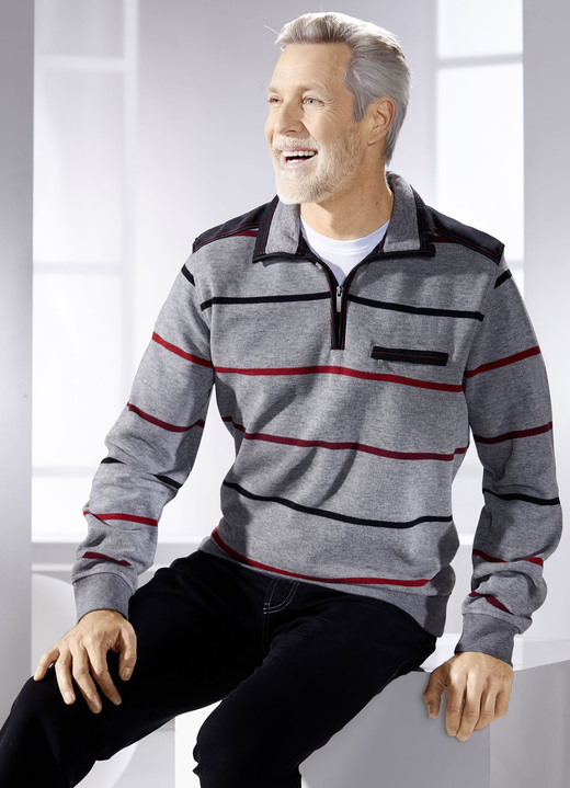 Sweatshirts - Troyer aus reiner Baumwolle, in Größe 046 bis 064, in Farbe GRAU MELIERT-ROT-SCHWARZ Ansicht 2