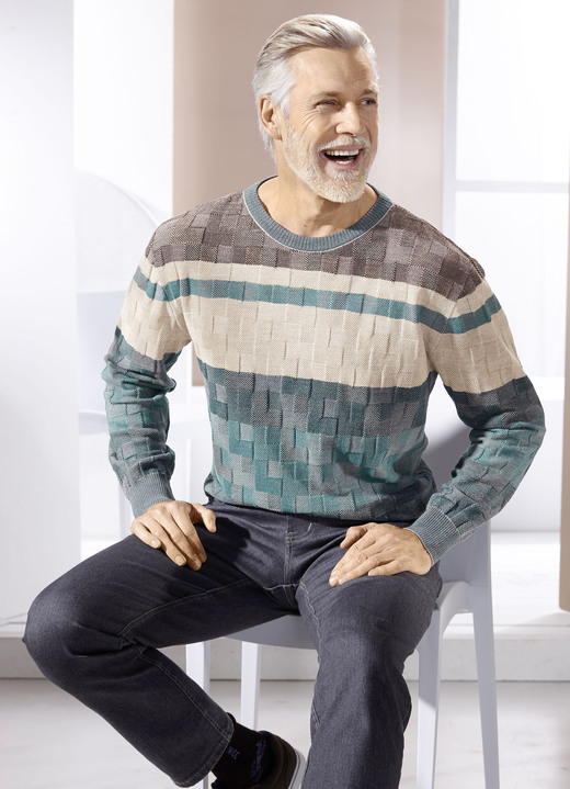 Gemustert - Rundhalspullover mit Strukturmix in 2 Farben, in Größe 046 bis 064, in Farbe DUNKELBLAU-GRAU-MITTELBLAU Ansicht 3