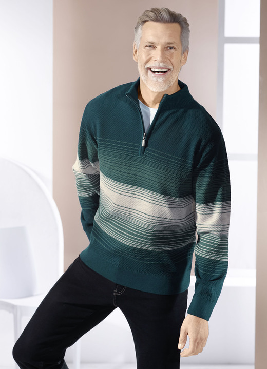 Gemustert - Troyer mit Stehkragen in 2 Farben, in Größe 046 bis 064, in Farbe PETROL-ECRU Ansicht 2