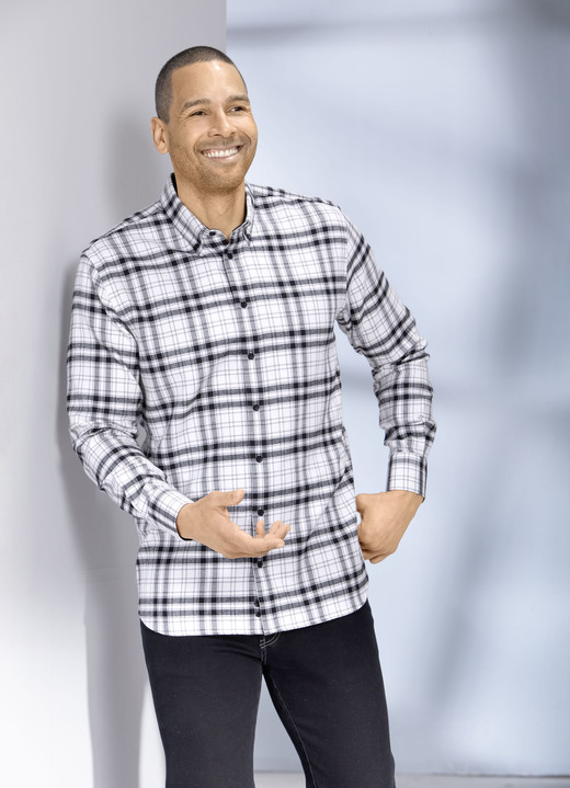 Langarm - Kariertes Hemd mit Button-Down-Kragen, in Größe 3XL(47/48) bis XXL(45/46), in Farbe WEISS-SCHWARZ Ansicht 2
