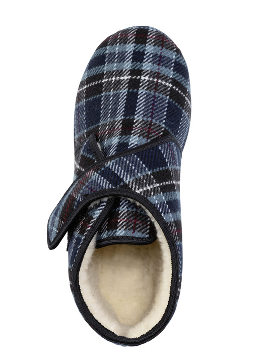 Hausschuhe - Stiefelette aus kariertem Textilmaterial Ansicht 2 Hausschuhe - Stiefelette aus kariertem Textilmaterial, in Größe 040 bis 046, in Farbe BLAU Ansicht 2