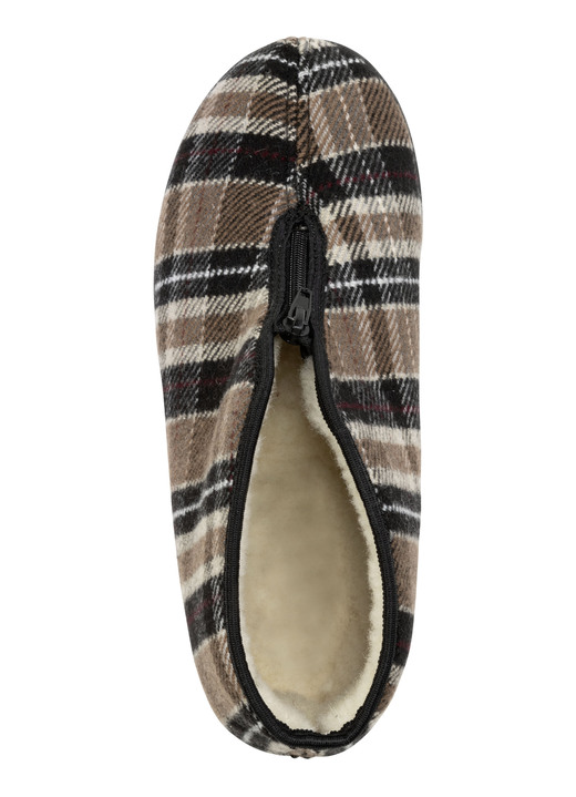 Hausschuhe - Stiefelette aus kariertem Textilmaterial Ansicht 2 Hausschuhe - Stiefelette aus kariertem Textilmaterial, in Größe 040 bis 046, in Farbe BRAUN Ansicht 2