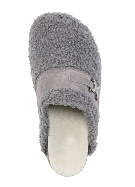 Hausschuhe - Laurina Pantoffel aus weichem Plüsch mit Veloursbesatz, in Größe 036 bis 042, in Farbe GRAU Ansicht 2