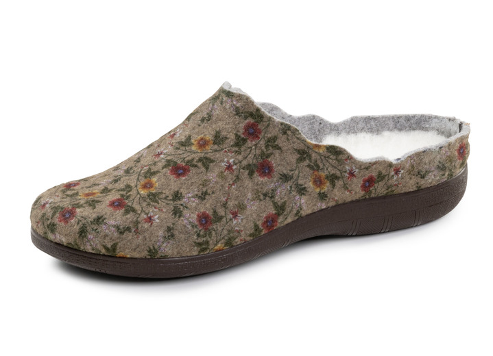 Damen - Laurina Pantoffel aus floral bedrucktem Filzmaterial, in Größe 036 bis 042, in Farbe AUBERGINE Ansicht 4