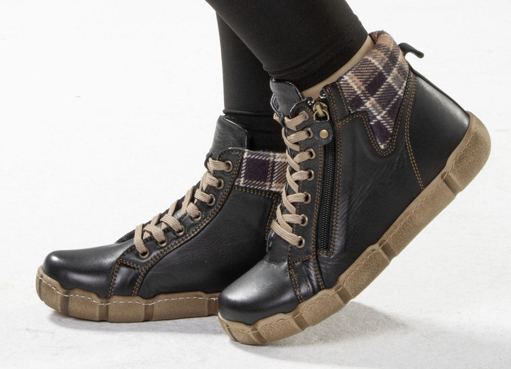 Stiefel & Stiefeletten - Andrea Conti Schnür-Bootie mit Schaftrand aus kariertem Textil, in Größe 036 bis 042, in Farbe SCHWARZ-BRAUN Ansicht 5