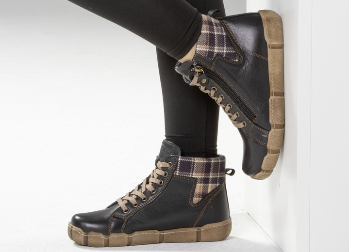 Stiefel & Stiefeletten - Andrea Conti Schnür-Bootie mit Schaftrand aus kariertem Textil, in Größe 036 bis 042, in Farbe SCHWARZ-BRAUN Ansicht 6