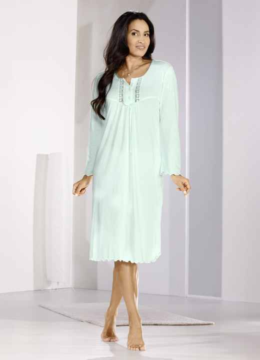 Langarm - Nachthemd, wadenlang und gebogten Abschlüssen , in Größe 038 bis 058, in Farbe MINT