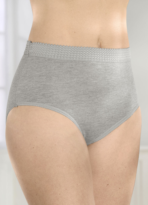 - Sechserpack Slips mit elastischen Beinabschlüssen, in Größe 038 bis 056, in Farbe 2X GRAU MELIERT, 2X WEISS, 2X SCHWARZ Ansicht 1