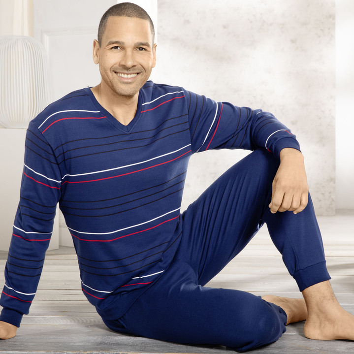 Herren - Interlock-Schlafanzug mit V-Ausschnitt und Bündchenabschlüssen, in Größe 046 bis 062, in Farbe MARINE-ROT-WEISS Ansicht 3