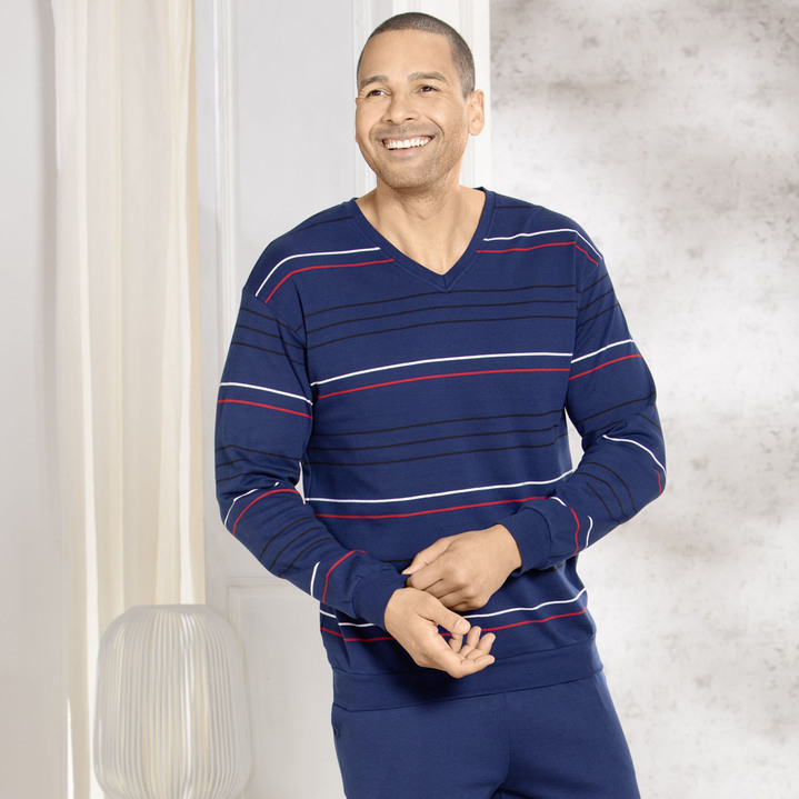 Herren - Interlock-Schlafanzug mit V-Ausschnitt und Bündchenabschlüssen, in Größe 046 bis 062, in Farbe MARINE-ROT-WEISS Ansicht 2