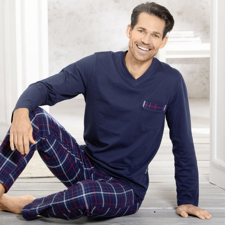 - Comte Schlafanzug mit V-Ausschnitt und Webflanellhose, in Größe 046 bis 060, in Farbe MARINE-ROT-GRAU Ansicht 2