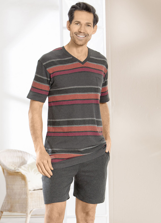 Shortys - Shorty mit V-Ausschnitt und Ringeldessin, in Größe 046 bis 060, in Farbe ANTHRAZIT-ORANGE Ansicht 2