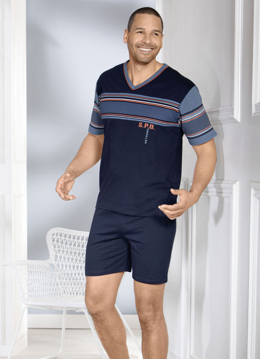 Shortys - Zweierpack Shortys mit V-Ausschnitt und platziertem Druck Ansicht 2 Shortys - Zweierpack Shortys mit V-Ausschnitt und platziertem Druck, in Größe 046 bis 064, in Farbe 1X MARINE, 1X JEANSBLAU Ansicht 2