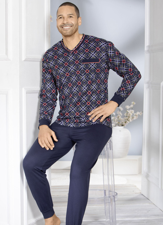 Schlafanzüge - Schlafanzug mit V-Ausschnitt und Bündchenabschlüssen, in Größe 046 bis 062, in Farbe MARINE-ORANGE-KHAKI Ansicht 2