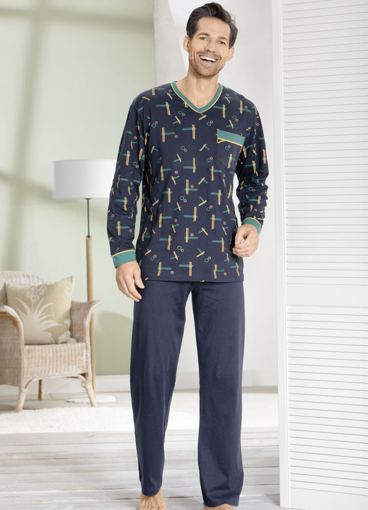 Schlafanzüge - Schlafanzug mit dessiniertem Oberteil, V-Ausschnitt und Brusttasche, in Größe 025 bis 064, in Farbe MARINE-GRÜN-GELB Ansicht 2