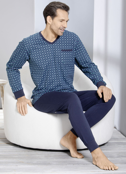 - Schlafanzug mit V-Ausschnitt und Bündchenabschlüssen , in Größe 046 bis 066, in Farbe MARINE-GRÜN Ansicht 2