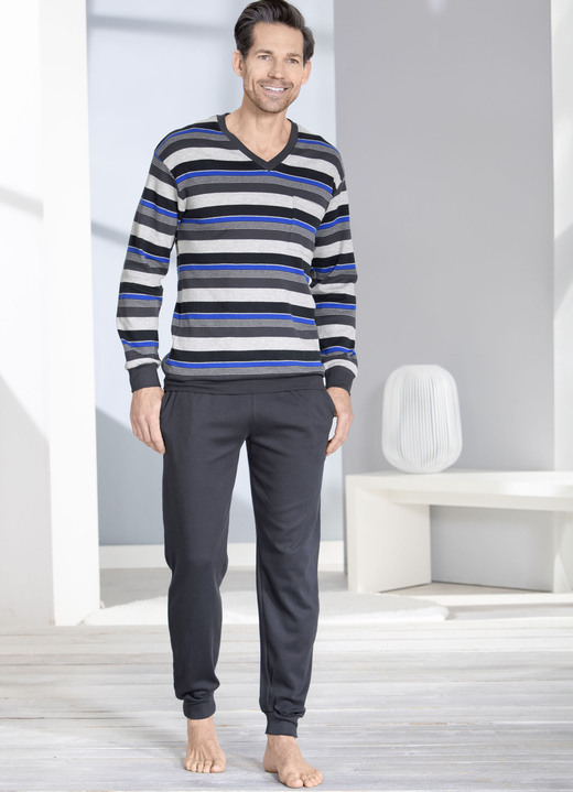 Schlafanzüge - Interlock Schlafanzüge im Doppelpack mit Bündchenabschlüssen, in Größe 046 bis 062, in Farbe 1X GRAFIT-GRAU MELIERT-ROT, 1X GRAFIT-GRAU MELIERT Ansicht 2