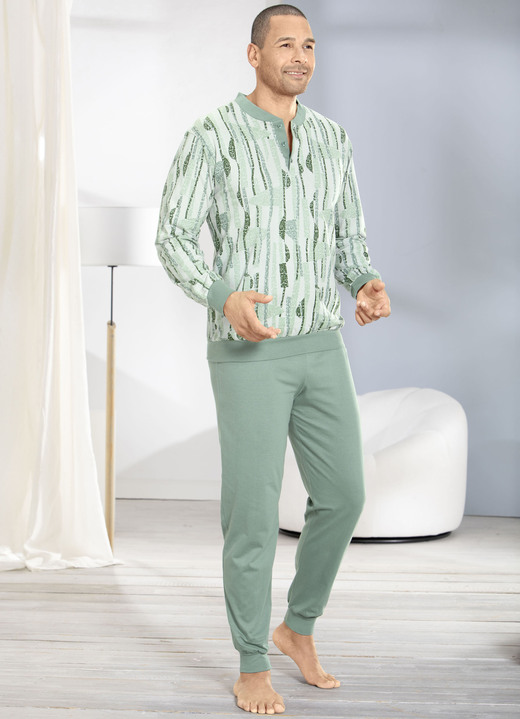 Schlafanzüge - Schlafanzug mit Knopfleiste und Bündchenabschlüssen Ansicht 3 Schlafanzüge - Schlafanzug mit Knopfleiste und Bündchenabschlüssen, in Größe 046 bis 066, in Farbe JADEGRÜN-MINT Ansicht 3