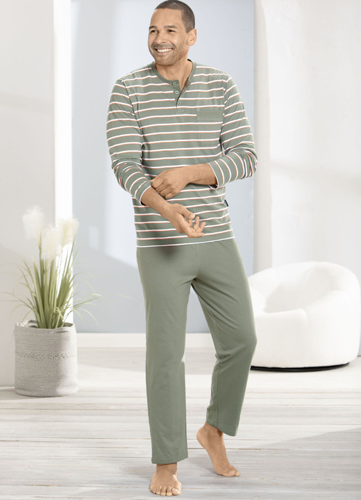 Schlafanzüge - Zweierpack Schlafanzüge mit Knopfleiste und offenen Abschlüssen, in Größe 046 bis 062, in Farbe 1X MARINE-WEISS-BLEU, 1X OLIV-WEISS-ORANGE Ansicht 4