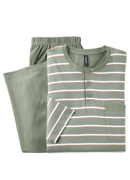 Schlafanzüge - Zweierpack Schlafanzüge mit Knopfleiste und offenen Abschlüssen, in Größe 046 bis 062, in Farbe 1X MARINE-WEISS-BLEU, 1X OLIV-WEISS-ORANGE Ansicht 6