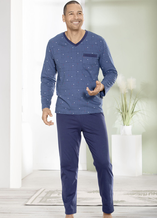 Schlafanzüge - Zweierpack Schlafanzüge mit V-Ausschnitt und offenen Abschlüssen , in Größe 046 bis 062, in Farbe 1X OLIV-GRAFIT, 1X JEANSBLAU-MARINE Ansicht 4