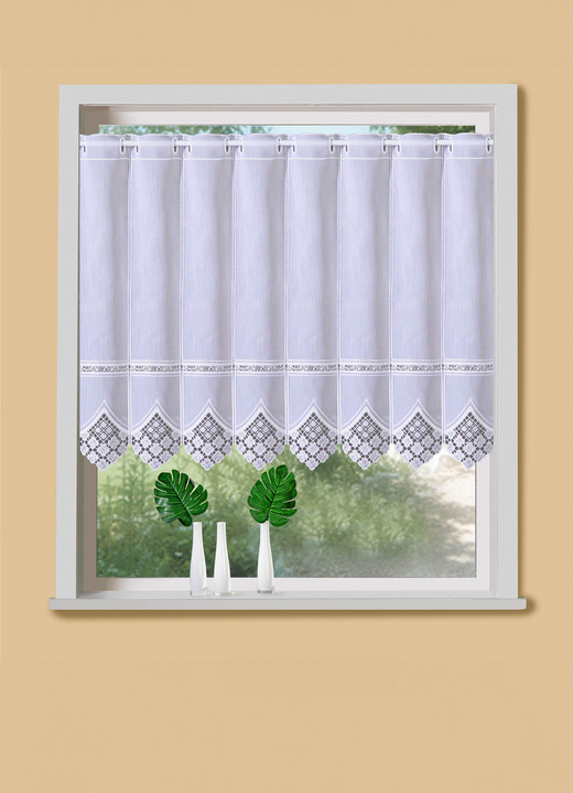 Kurzgardinen - Kurzstore mit edler Macramé-Spitze und Stangendurchzug Ansicht 2 Kurzgardinen - Kurzstore mit edler Macramé-Spitze und Stangendurchzug, in Größe 661 (H30xB 90 cm) bis 861 (H60xB150 cm), in Farbe WEISS Ansicht 2