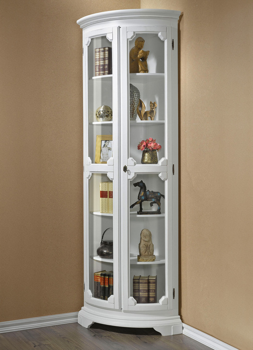 Möbel - Teilmassive Eckvitrine mit gebogenen Glastüren mit Schloss, in Farbe WEISS, in Ausführung klein, 2-türig Ansicht 1