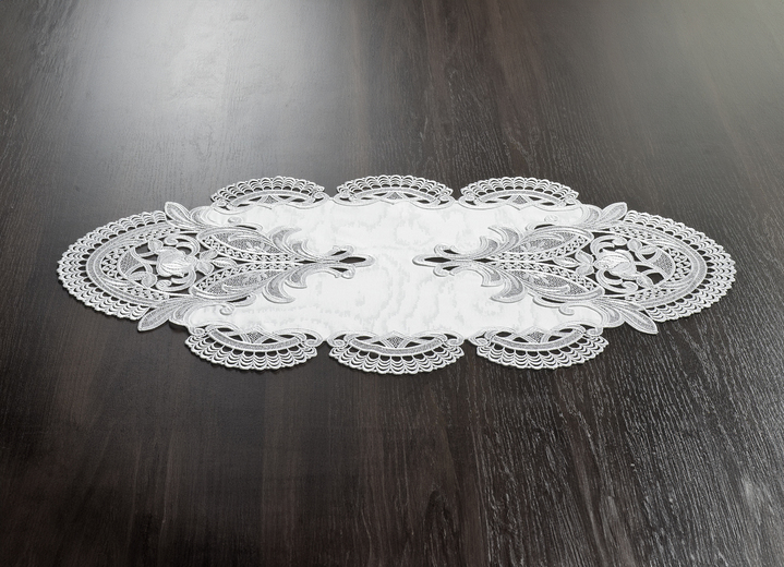 Heimtextilien - Tisch- und Raumdekoration aus echter Plauener Spitze, in Größe 100 (Deckchen rund – Vollspitze, ø 20 cm) bis 195 (Läufer oval mit Stoffeinsatz, 45/ 80 cm), in Farbe WEISS Ansicht 4