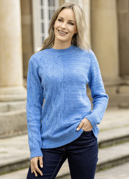 Langarm - Pullover aus Melangegarn, in Größe L(44/46) bis XS(32/34), in Farbe AZURBLAU MELIERT