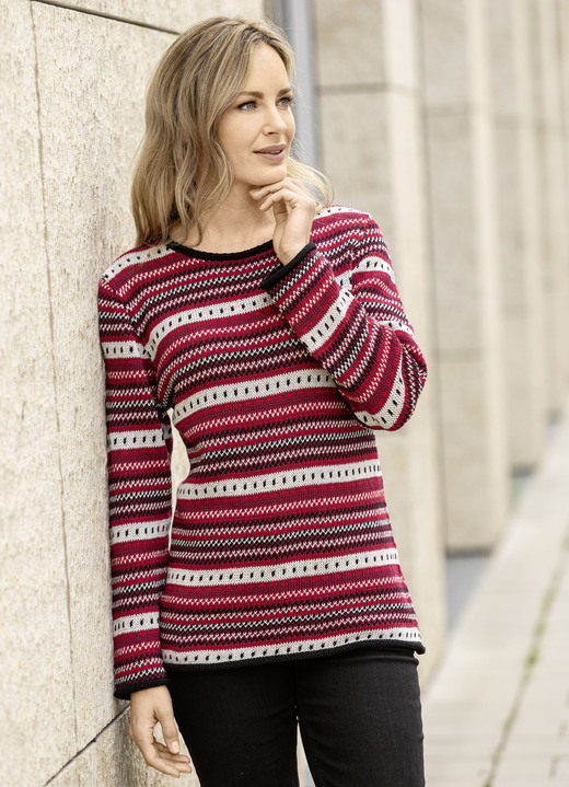 Langarm - Pullover in dekorativem Ringelmuster, in Größe L(44/46) bis XS(32/34), in Farbe BORDEAUX-ROT-MULTICOLOR Ansicht 1