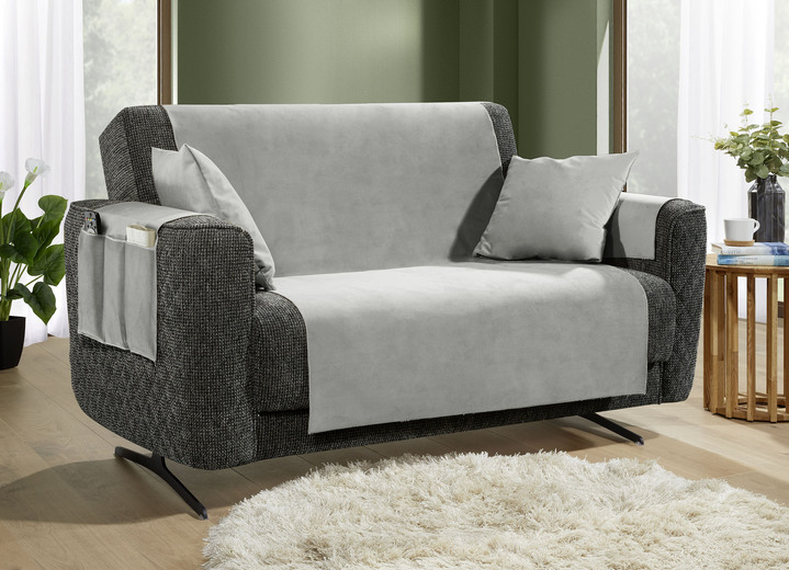 Sessel- & Sofaüberwürfe - Samtweiche Sessel- und Sofaschoner mit Anti-Rutsch-Rückseite, in Größe 101 (Sesselschoner, 50x140 cm) bis 904 (Kissenbezug, 40x 40 cm), in Farbe STEIN Ansicht 2