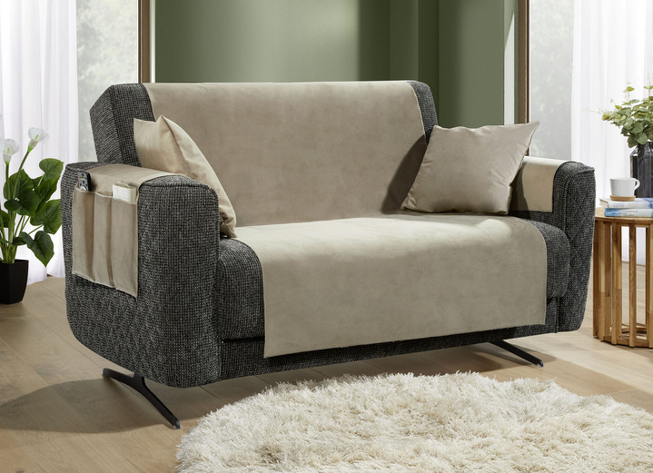 Sessel- & Sofaüberwürfe - Samtweiche Sessel- und Sofaschoner mit Anti-Rutsch-Rückseite, in Größe 101 (Sesselschoner, 50x140 cm) bis 904 (Kissenbezug, 40x 40 cm), in Farbe STEIN Ansicht 5