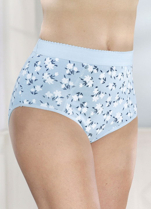 Miederhosen & Hüfthalter - Fünferpack Formslips mit verstärkter Bauchpartie, in Größe 038 bis 056, in Farbe HELLBLAU-WEISS-MARINE