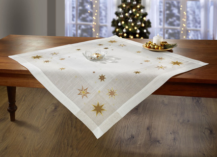Tischdecken - Tisch- und Raumdekoration mit Sternendessin, in Größe 101 (Deckchen, 35/ 50 cm) bis 404 (Kissenbezug, 40/ 40 cm), in Farbe SEKT-GOLD – Farbe SEKT-GOLD – Ansicht 