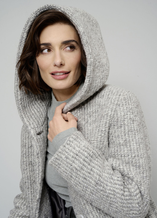 Lang - Longjacke mit fester Kapuze, in Größe 038 bis 052, in Farbe HELLGRAU-ECRU Ansicht 2