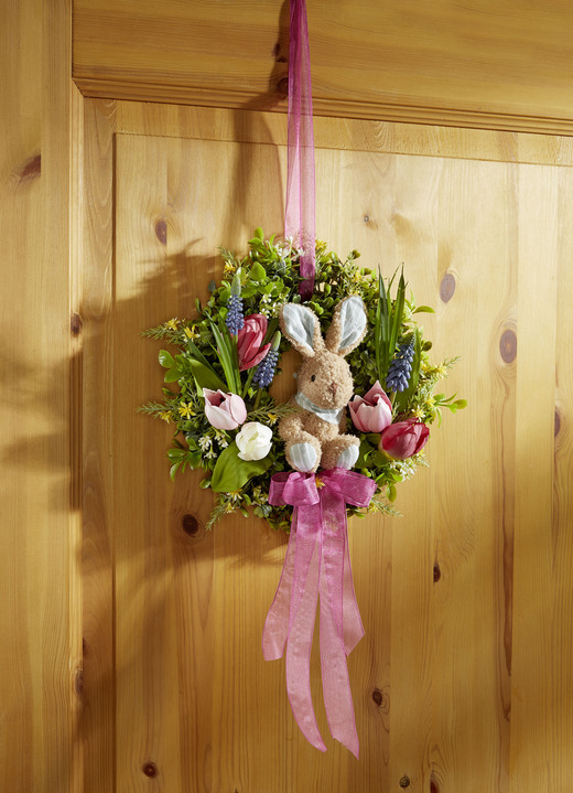 Ostern - Wandkranz mit Hase aus Plüsch, in Farbe GRÜN-ROSA