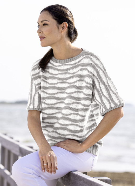 Kurzarm - Pulli in Garnmix, in Größe L(44/46) bis XS(32/34), in Farbe GRAU-WEISS Ansicht 1