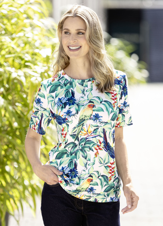 Kurzarm - Shirt mit Papagei-Motiven Kurzarm - Shirt mit Papagei-Motiven, in Größe 036 bis 052, in Farbe ECRU-GRÜN-MULTICOLOR