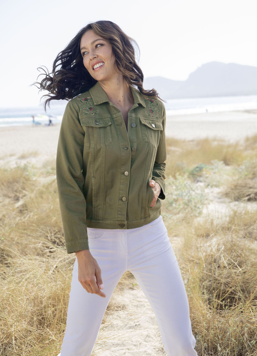 Langarm - Bestickte Jeansjacke, in Größe 034 bis 050, in Farbe OLIV Ansicht 3