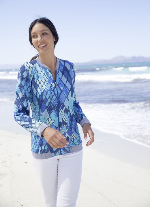 Langarm - Blusenjacke mit Glanzgarn Ansicht 2 Langarm - Blusenjacke mit Glanzgarn, in Größe 036 bis 052, in Farbe BLAU-TÜRKIS-ROYALBLAU-BUNT Ansicht 2