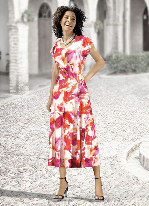 Kurzarm - Kleid mit raffinierter Knotentechnik, in Größe 019 bis 054, in Farbe KORALLE-PINK-ECRU-BUNT