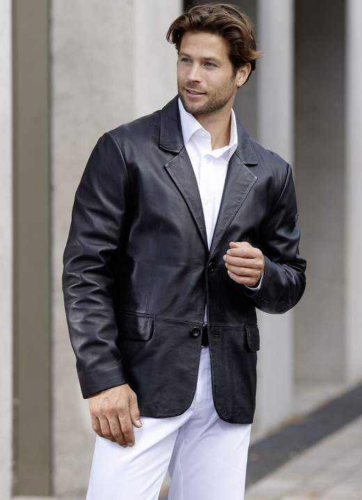 Lederjacken - Lederkurzblazer mit Reverskragen, in Größe 046 bis 062, in Farbe SCHWARZ Ansicht 2