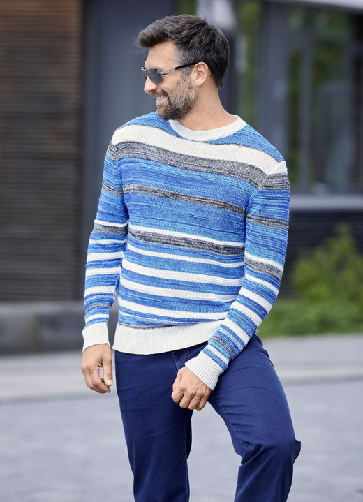 Gemustert - Gestreifter Rundhalspullover mit Strukturdessin, in Größe 046 bis 062, in Farbe TÜRKIS-GRAU-ECRU GESTREIFT Ansicht 2