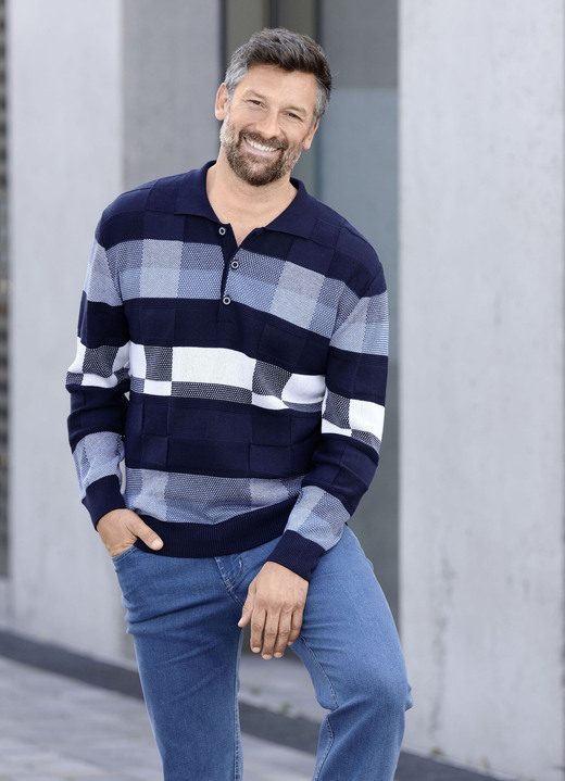 Gemustert - Gemusterter Polopullover in 2 Farben, in Größe 046 bis 062, in Farbe MARINE-BLAU Ansicht 1