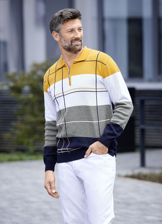 Gemustert - Polopullover mit Reißverschluss, in Größe 046 bis 062, in Farbe GELB-HELLGRAU-ANTHRAZIT