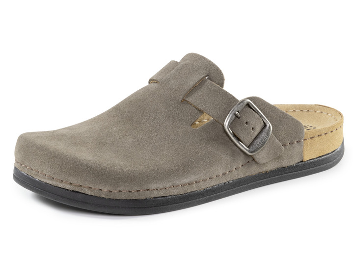 Sandalen & Pantoletten - Mubb Clog aus bestem Rind-Veloursleder, in Größe 040 bis 046, in Farbe DUNKELTAUPE Ansicht 1